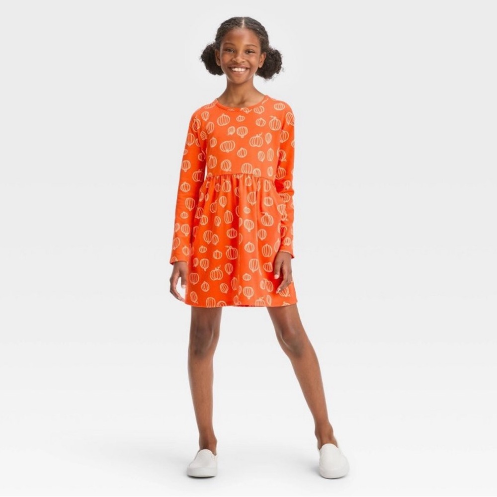 Girls Sz L 10-12 Fall Halloween Orange Dress Pumpkin Long Sleeve Pockets